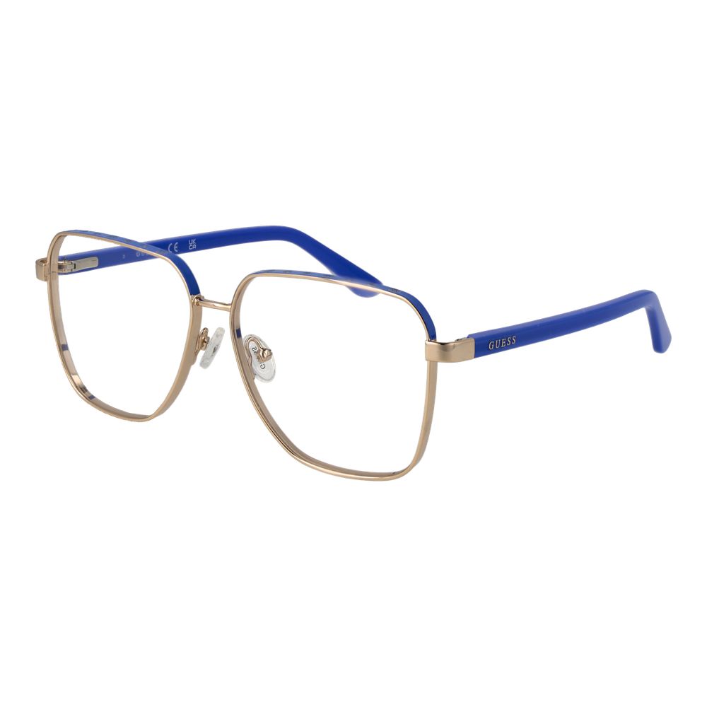 Guess Gold Women Glasses Frame, full-rim metal frame, square style in gold with demo lenses, includes branded case.