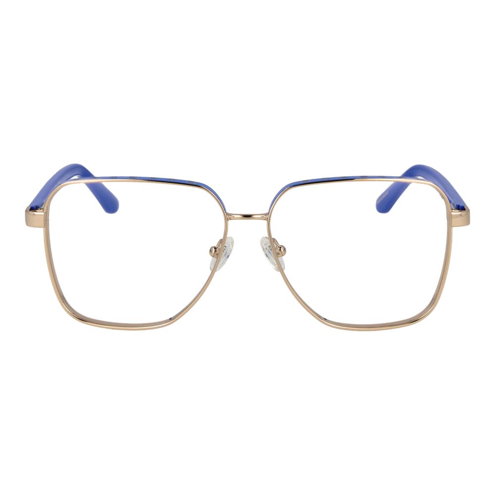 Guess Gold Women Glasses Frame, full-rim square style with metal gold frame and blue accents, includes branded case.