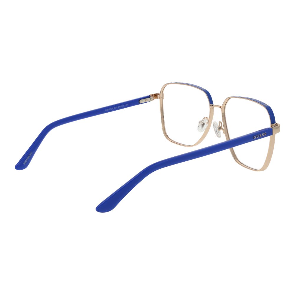 Guess Gold Women Glasses Frame, full-rim square design with gold metal frame and demo lenses, includes branded case.