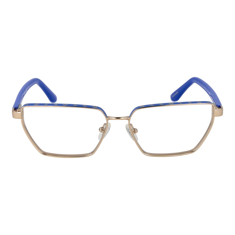 Guess Gold Women Glasses Frame in geometric design with full-rim gold metal frame and blue highlights, includes branded case.