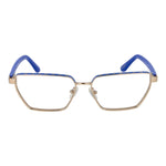 Guess Gold Women Glasses Frame in geometric design with full-rim gold metal frame and blue highlights, includes branded case.