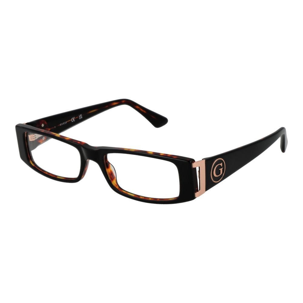 Guess Black Women Glasses Frame, acetate material, black full-rim rectangle style, demo lenses, spring hinge, includes branded case.