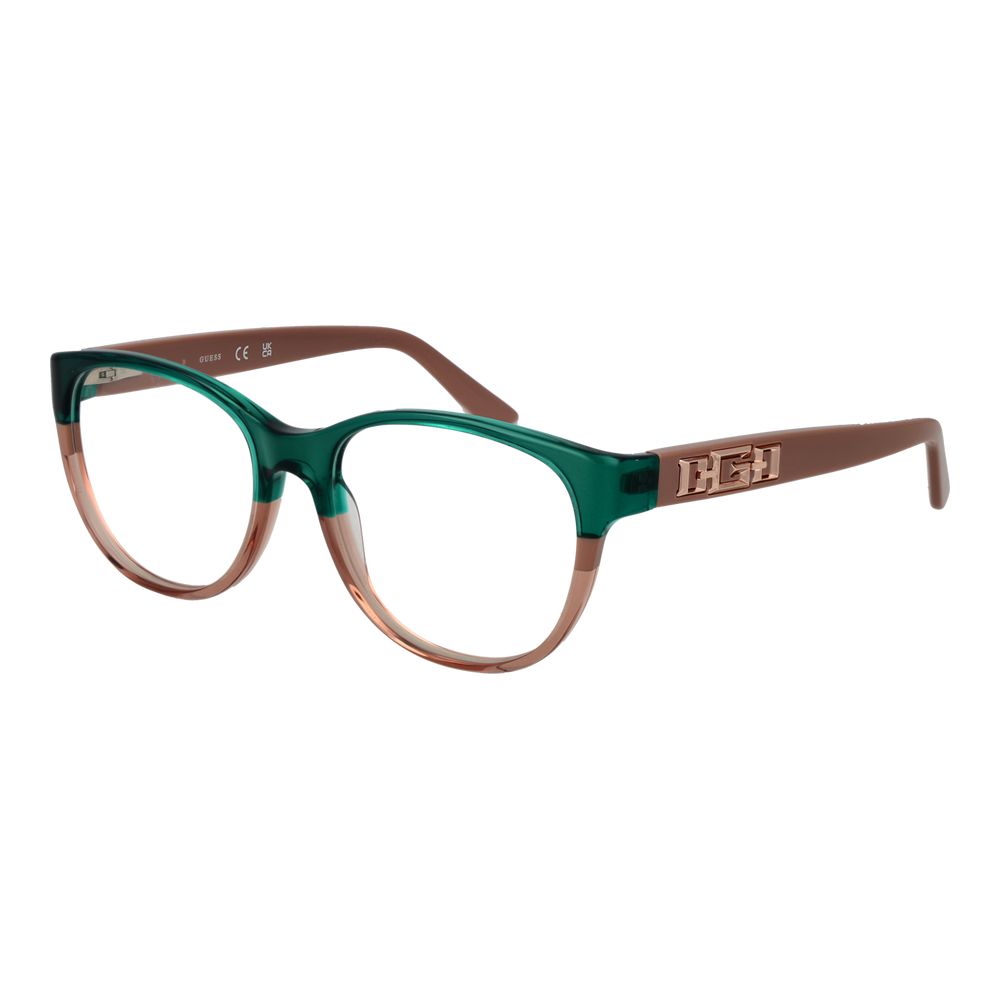 Guess Green Women Glasses Frame, full-rim acetate with demo lenses, round style, includes branded case.