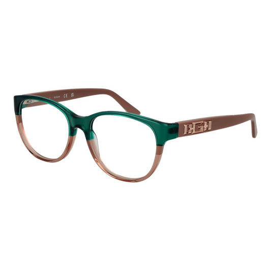 Guess Green Women Glasses Frame, full-rim acetate with demo lenses, round style, includes branded case.