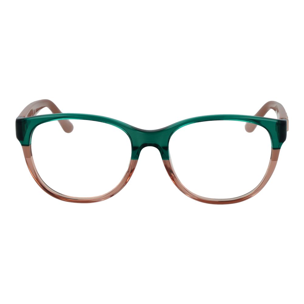 Guess Green Women Glasses Frame, full-rim round style in green acetate with demo lenses, includes branded case, ideal for chic fashion.