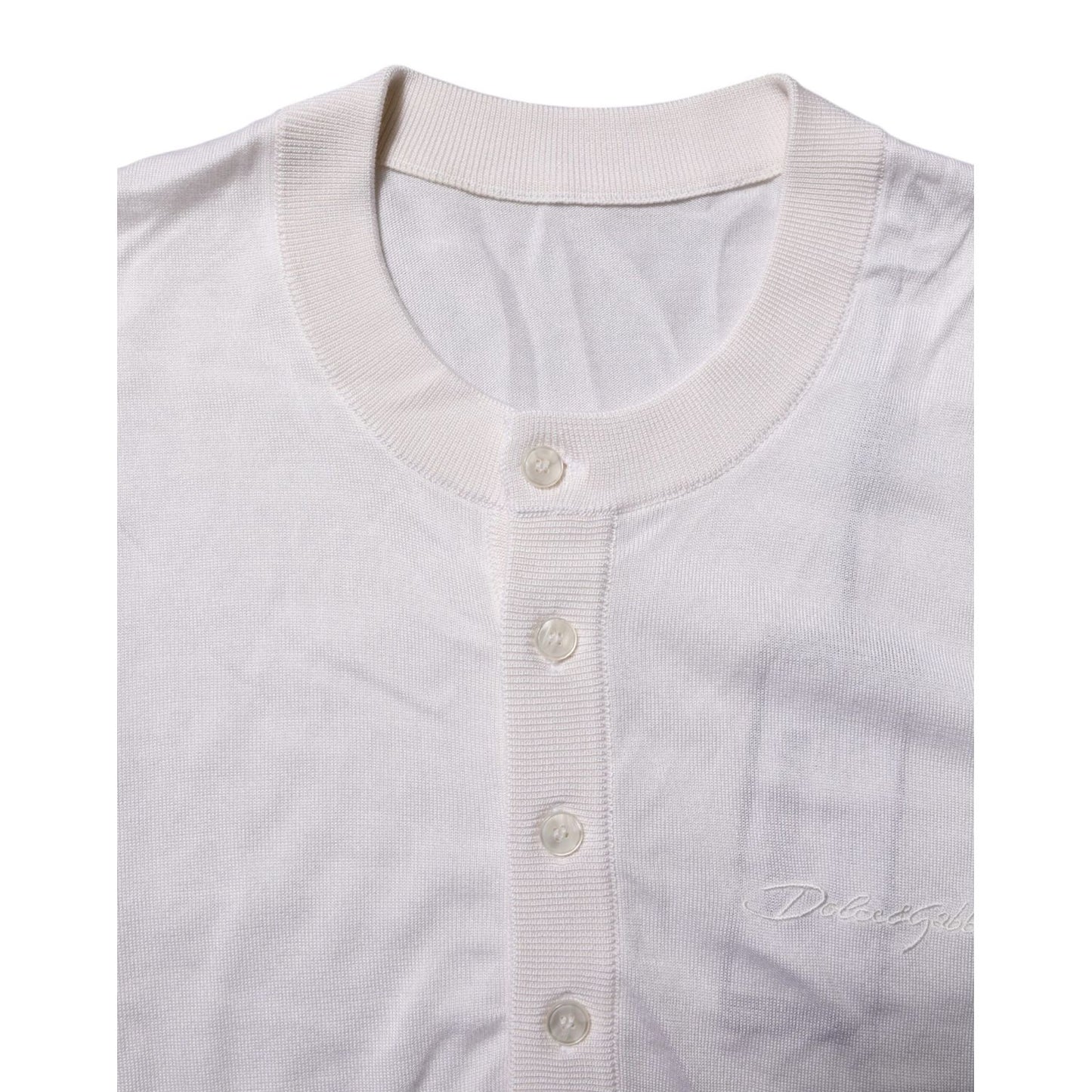 Dolce & Gabbana White Silk Short Sleeves Men Henley T-shirt