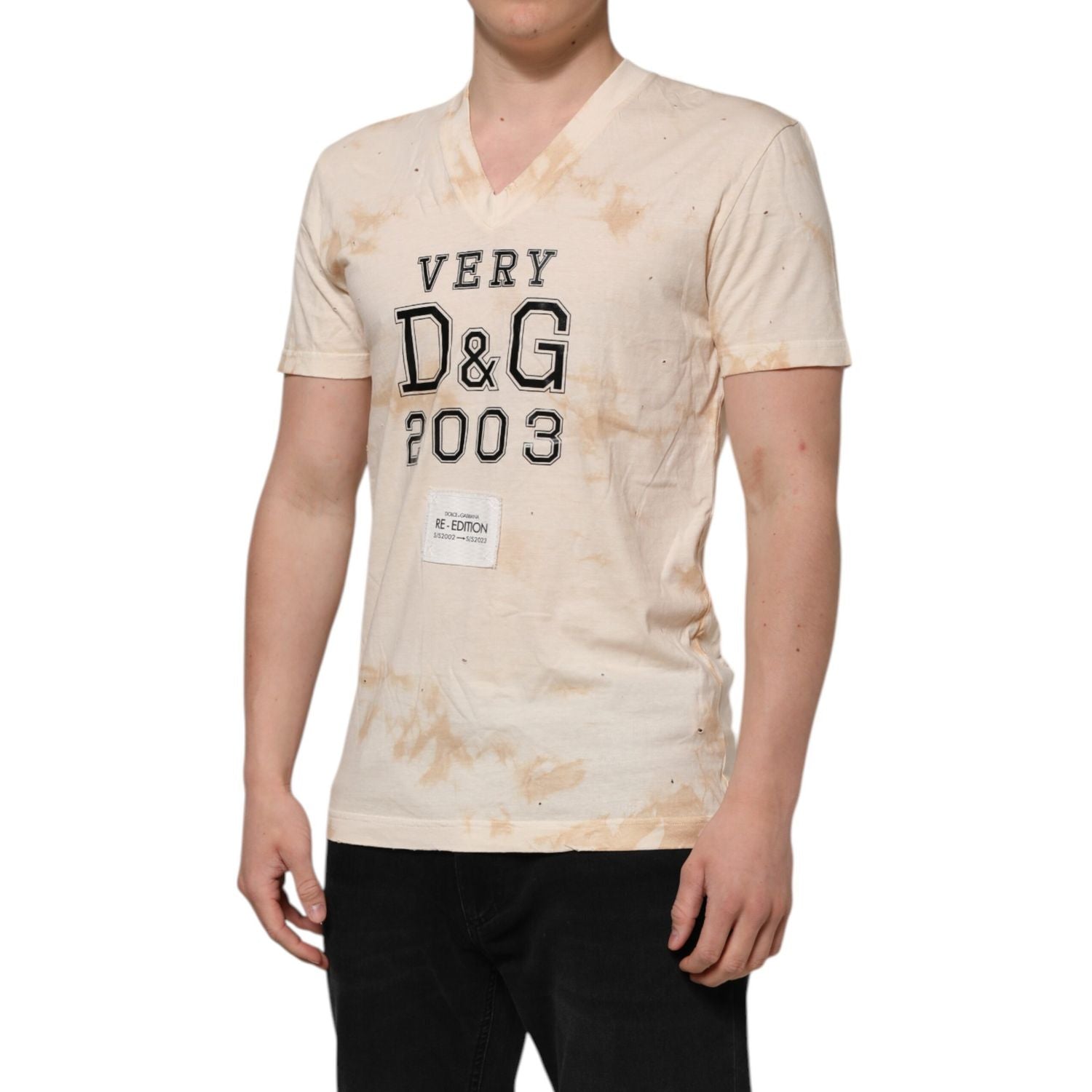 Dolce & Gabbana Beige Logo Print Short Sleeve V-neck T-shirt
