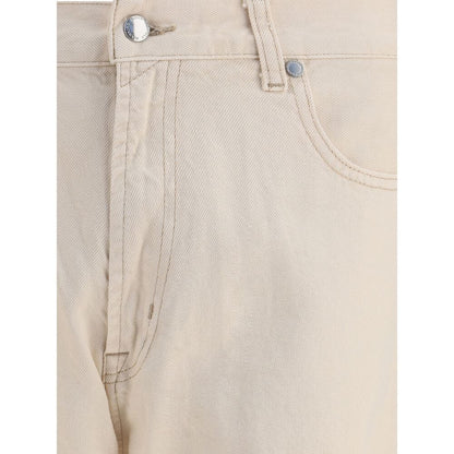 Close-up of 7FOR Beige Cotton Straight-Leg Jeans featuring front zip and button closure with belt loops.