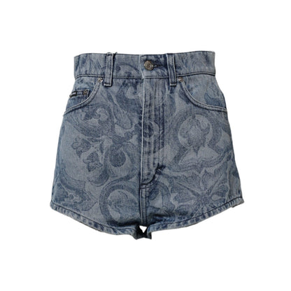Dolce & Gabbana Blue Floral Print Denim Cotton Hot Pants Shorts