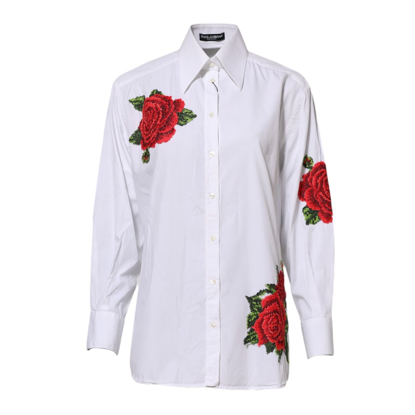 Dolce & Gabbana White Rose Embroidery Collared Shirt Top
