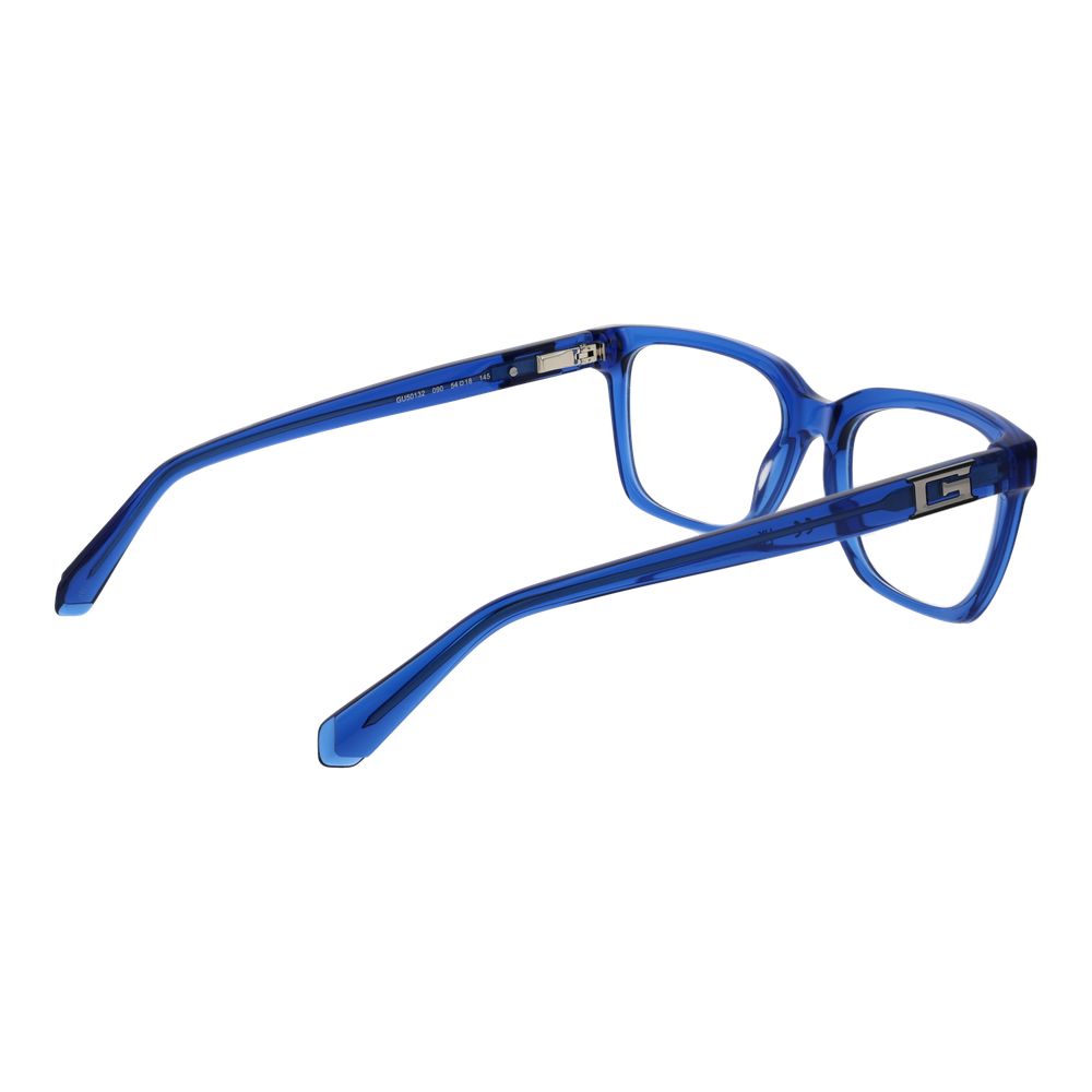 Guess Blue Men Glasses Frame with blue acetate material, full-rim rectangle style, spring hinge, and branded case included.