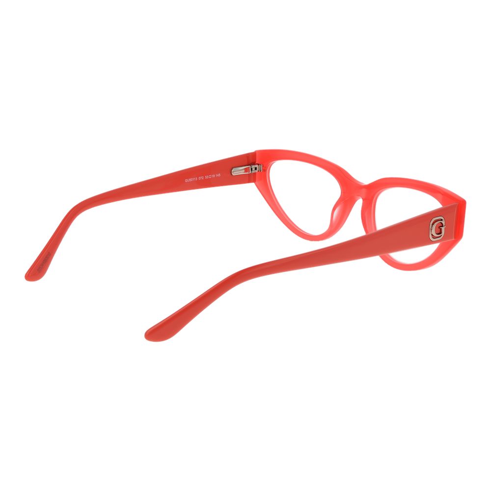 Guess Orange Women Glasses Frame, coral acetate full-rim, cat eye style with demo lenses, spring hinge, includes branded case.