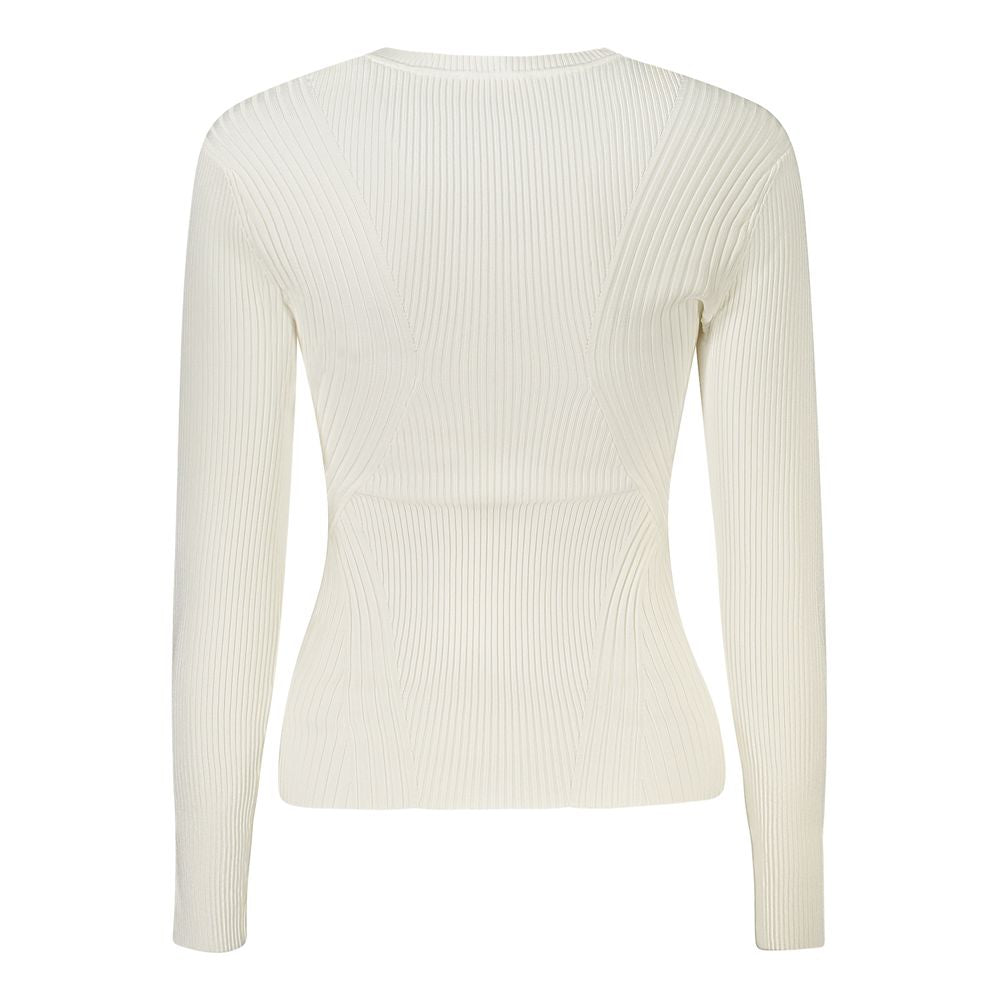 Back view of Guess Jeans White Viscose Sweater with long sleeves and crew neck, featuring a canettata pattern and logo application.