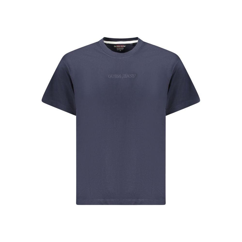 Guess Jeans Blue Cotton T-Shirt with short sleeves, oversize fit, crew neck, and logo embroidery, made of 50% organic cotton.