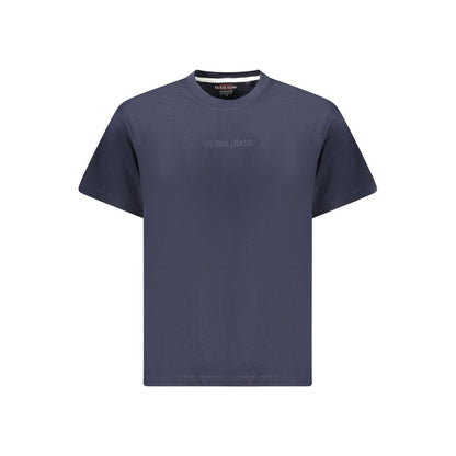 Guess Jeans Blue Cotton T-Shirt with short sleeves, oversize fit, crew neck, and logo embroidery, made of 50% organic cotton.