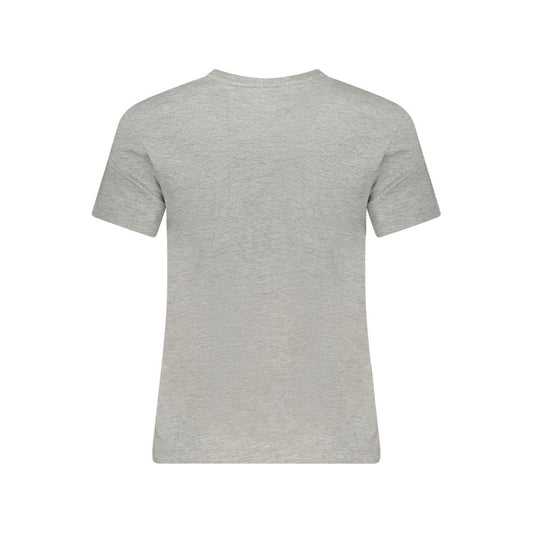 Back view of Guess Jeans Gray Organic Cotton Women Top, featuring short sleeves and crew neck design, crafted for comfort and style.