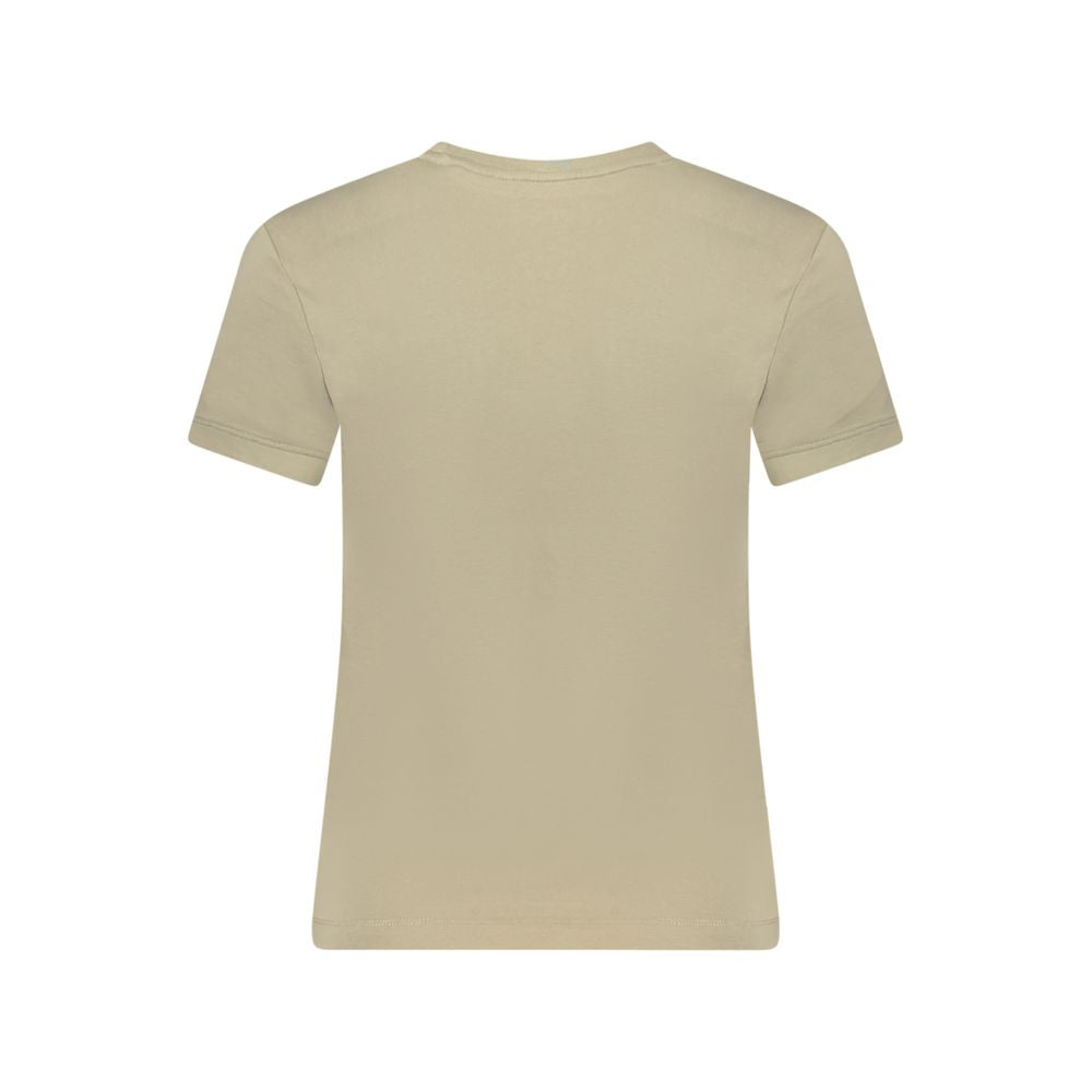 Guess Jeans Beige Cotton Women T-Shirt with wide neck and logo, back view showing simplicity and style in sustainable cotton blend.