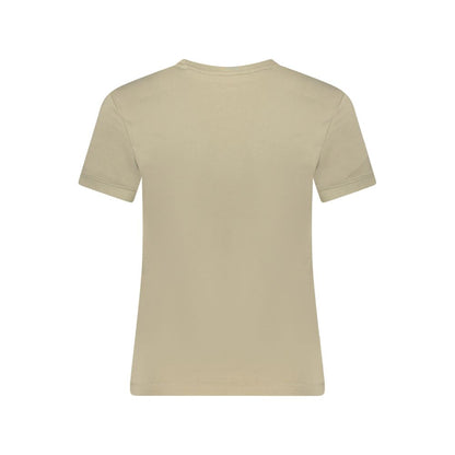 Guess Jeans Beige Cotton Women T-Shirt with wide neck and logo, back view showing simplicity and style in sustainable cotton blend.