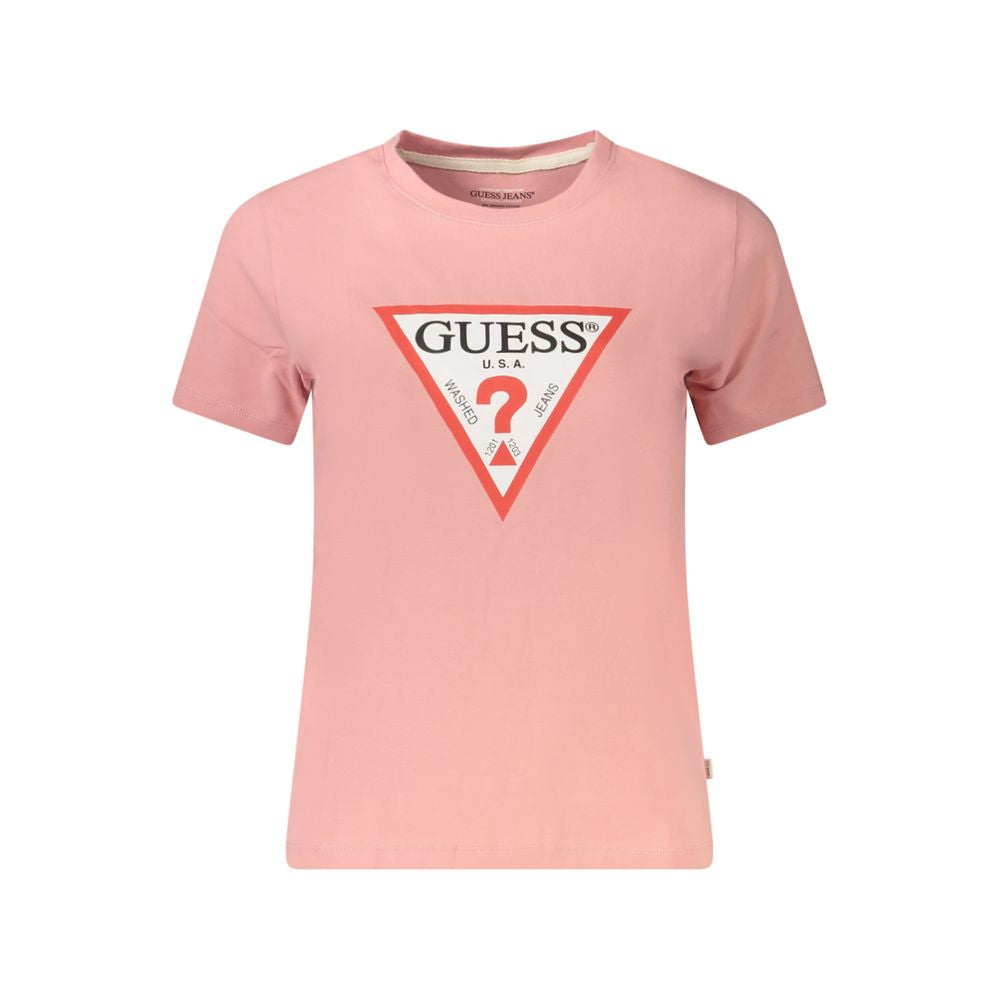 Guess Jeans Pink Cotton Women T-Shirt with logo print, organic cotton blend, crew-neck style, short sleeves, eco-friendly materials.