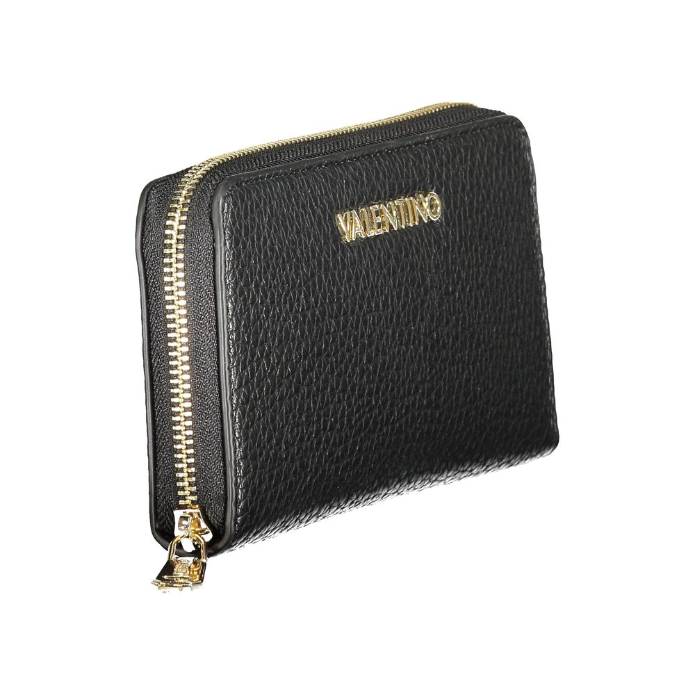 Mario Valentino Black Polyethylene Wallet with zip closure and logo, featuring 6 compartments, coin purse, and double card spaces.