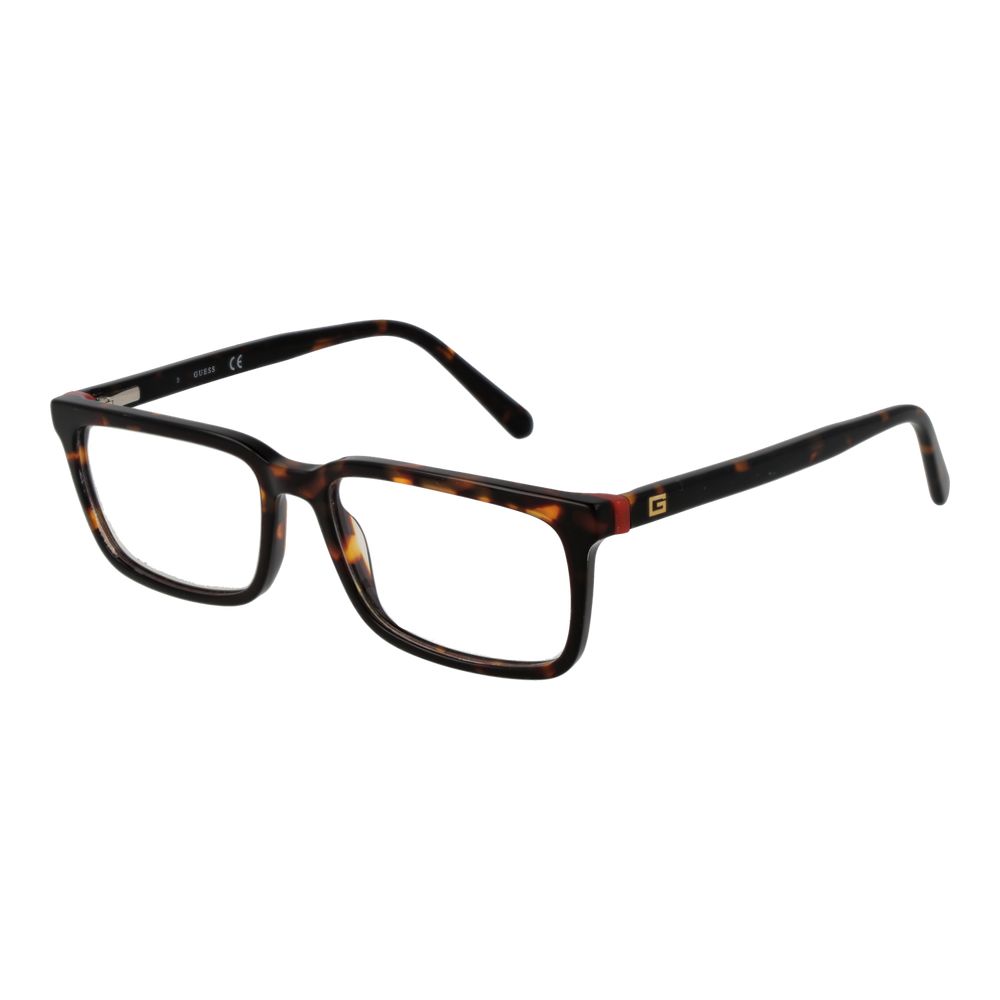 Guess Brown Men Glasses Frame in rectangular full-rim, plastic material with 52mm demo lenses, includes a branded case, spring hinge.