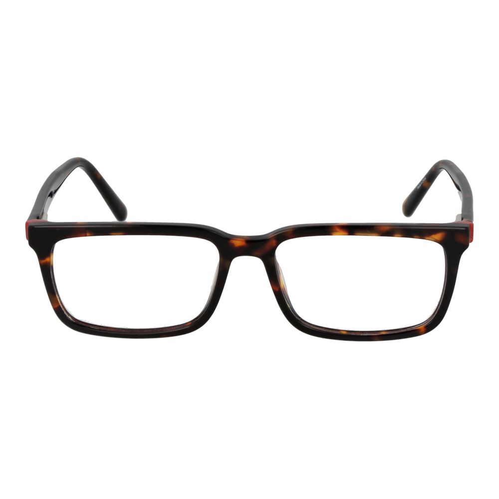 Guess Brown Men Glasses Frame in rectangular style with full-rim plastic design, brown color, 52mm lenses, 15mm bridge.