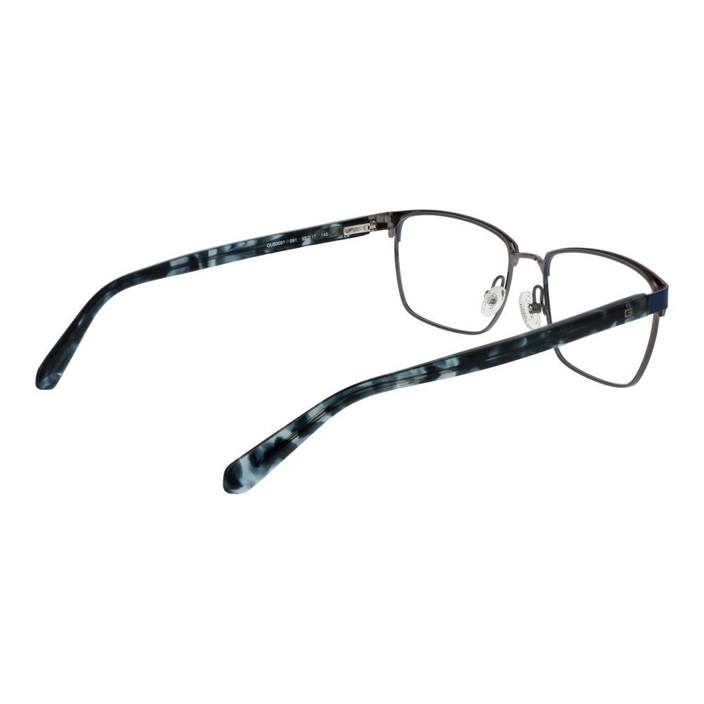 Guess Blue Men Glasses Frame, full-rim metal rectangle style, blue color, spring hinge, size 55-17-145, includes branded case.