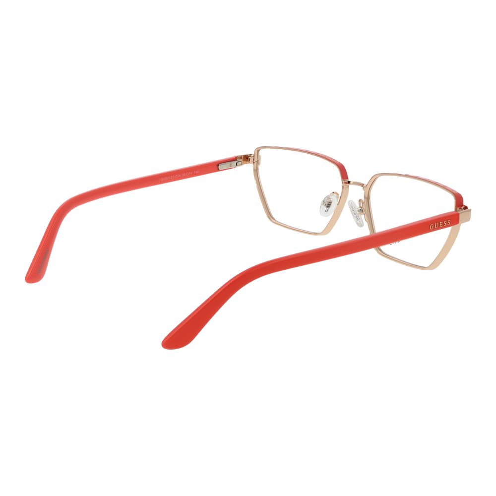 Guess Gold Women Glasses Frame in cat eye style with gold metal full-rim and red temples, includes branded case, size 55-14-140.