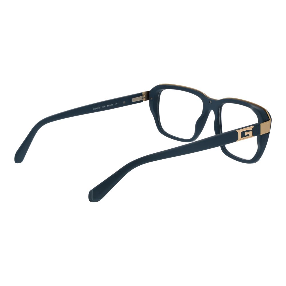 Guess Blue Men Glasses Frame in acetate full-rim rectangle design with demo lenses, featuring spring hinges and a branded case included.