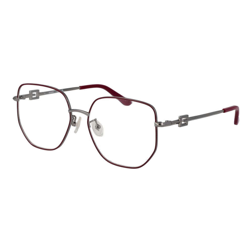Guess Purple Women Glasses Frame with square full-rim metal design, demo lenses, and purple temples, size 55-16-145, includes branded case.