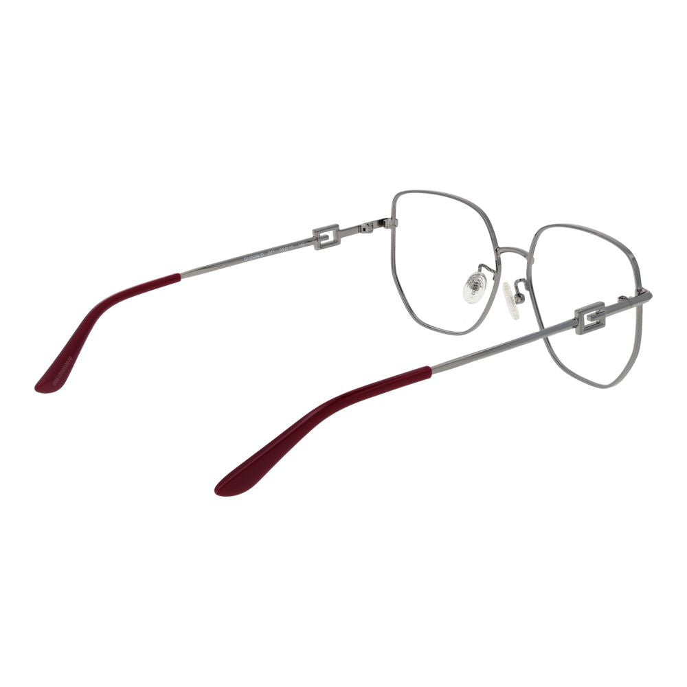 Guess Purple Women Glasses Frame, square full-rim metal eyewear with demo lenses, featuring a sleek purple design and included branded case.