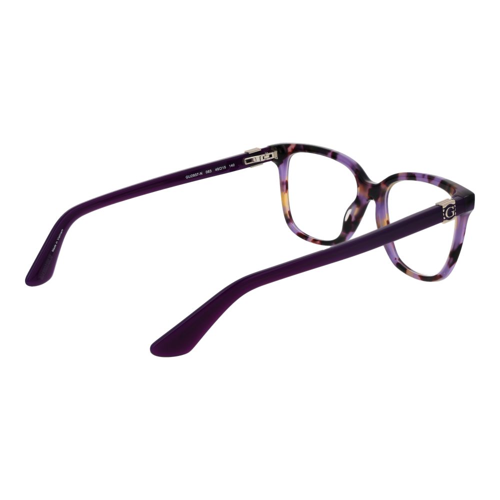 Guess Purple Women Glasses Frame in full-rim rectangular style with plastic material, spring hinge, and demo lenses included in branded case.