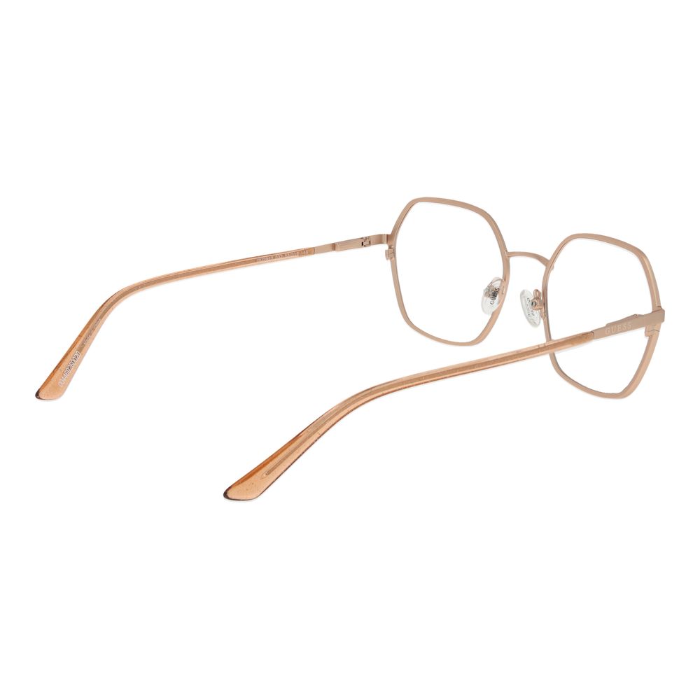 Guess Gold Women Glasses Frame, square shape, metal frame, gold color, demo plastic lenses, full-rim, spring hinge, includes case.