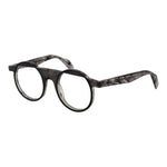 Yohji Yamamoto Gray Men Glasses Frame in full-rim round style with grey plastic material and demo lenses, includes soft case.