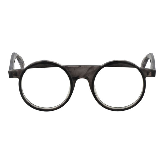 Yohji Yamamoto Gray Men Glasses Frame, round full-rim, grey plastic, demo lenses, 49mm lens width, 140mm frame width.