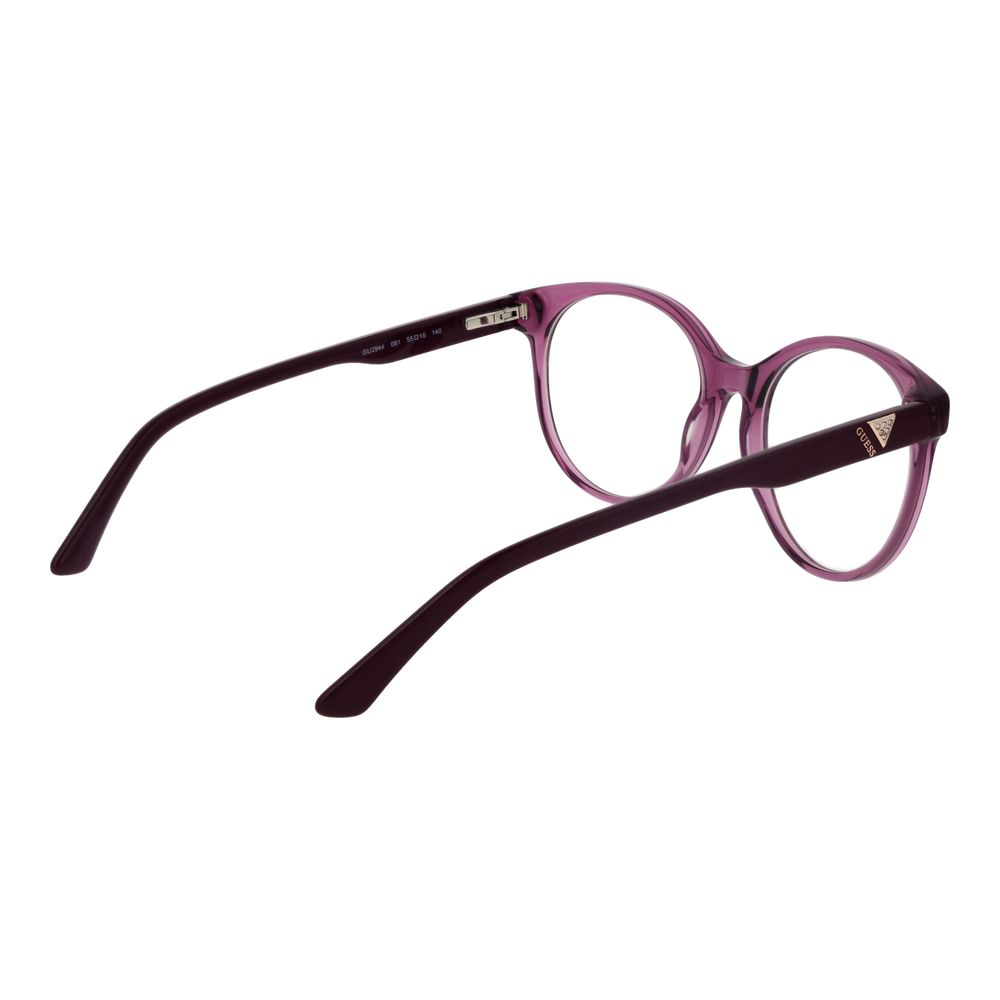 Guess Purple Women Glasses Frame, acetate full-rim round style with a branded case, size 55-18-140, purple color, spring hinge, demo lenses.
