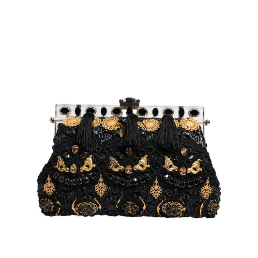 Dolce & Gabbana Black Tassel Gold Baroque Crystal Evening Clutch Bag