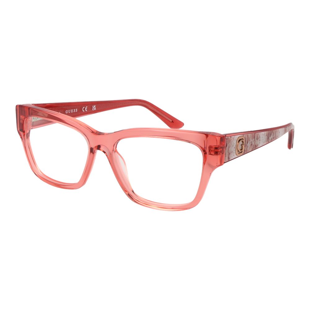 Guess Red Women Glasses Frame, full-rim rectangle style, acetate material, demo lenses, 53mm width, spring hinge, includes branded case.