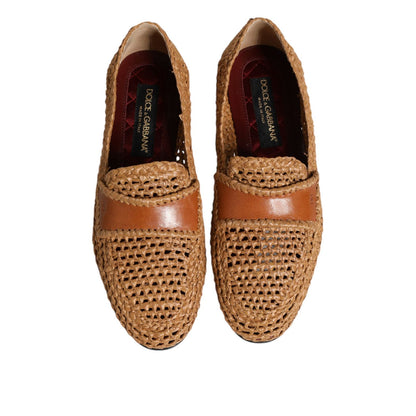 Dolce & Gabbana Brown Woven Raffia Slip On Loafers Shoes