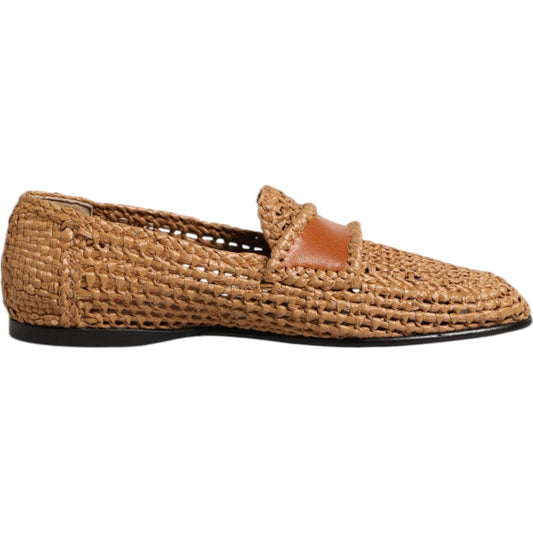 Dolce & Gabbana Brown Woven Raffia Slip On Loafers Shoes MV7617-40.5