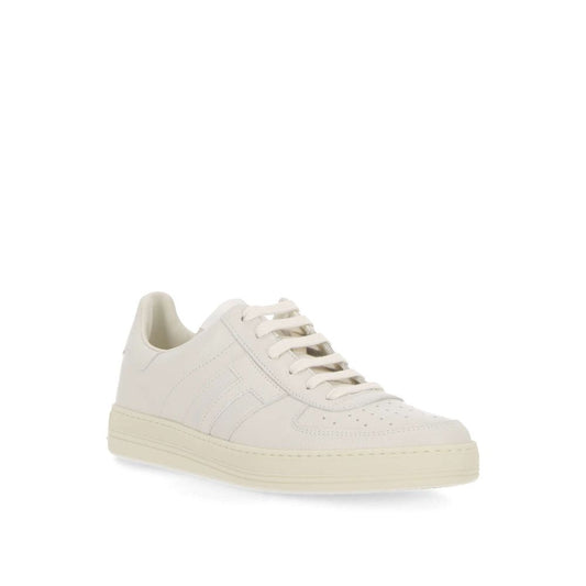 Tom Ford Leather Logo Sneakers with perforated detail and lace-up closure, made from 100% calf leather, rubber sole, size for men.