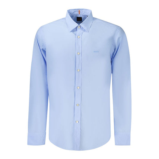 Hugo Boss Blue Cotton Men Shirt with Italian collar, long sleeves, subtle logo embroidery, tailored for a regular fit.