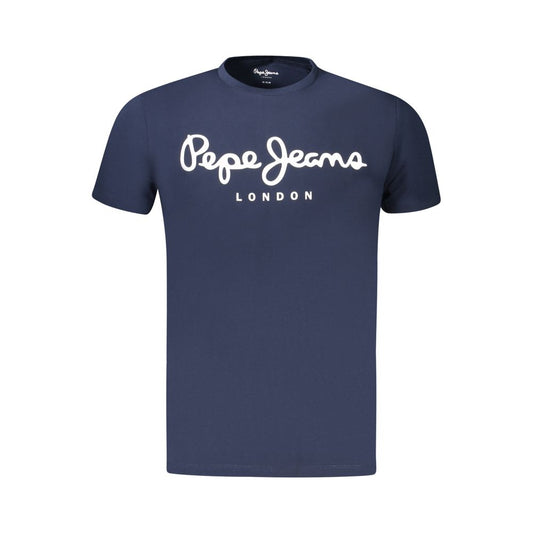 Pepe Jeans Blue Cotton Men T-Shirt with logo, slim-fit, crafted from sustainable cotton, featuring a classic crew neck and trendy print.