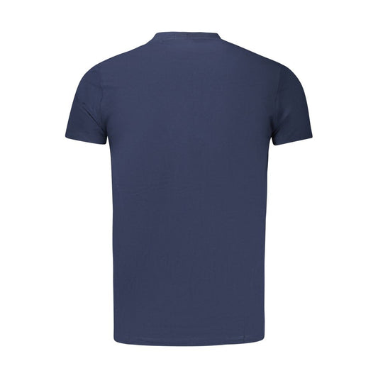 Back view of Pepe Jeans Blue Cotton Men T-Shirt showcasing sustainable slim-fit design and versatile crew neck style.
