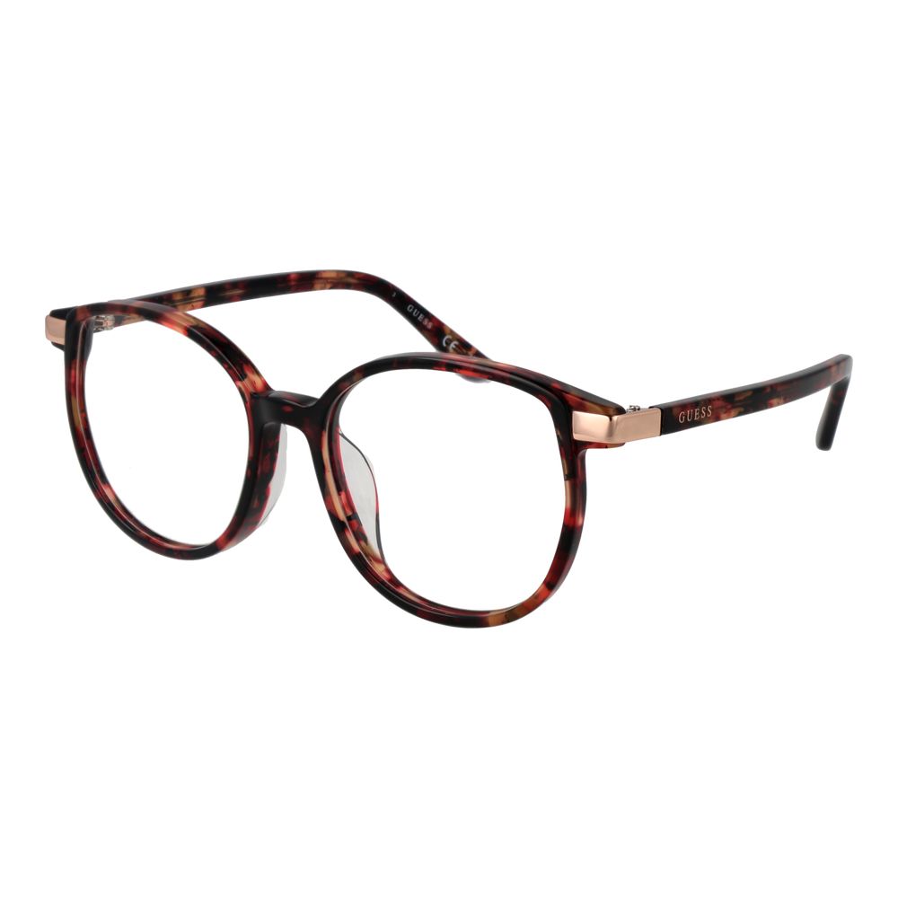 Guess Brown Women Glasses Frame with acetate full-rim, round style, demo lenses, and branded case.