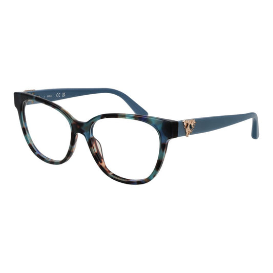 Guess Blue Women Glasses Frame in full-rim acetate with demo lenses, butterfly style, includes branded case.