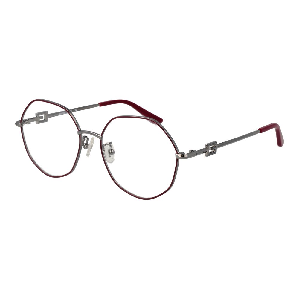 Guess Red Women Glasses Frame with metal full-rim design, square style, and demo plastic lenses. Includes branded case.