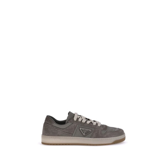 Prada Gray Calf Leather Bos Taurus Low Top Sneakers - suede with lace-up closure, rounded toe, and flat sole for comfort and style.