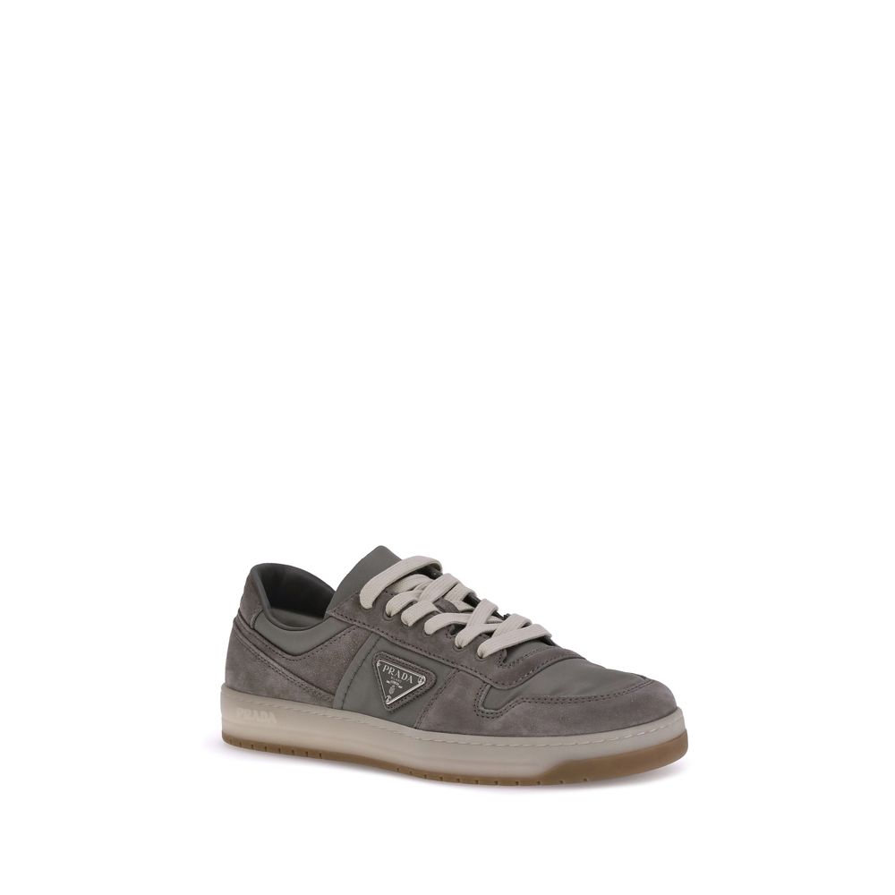 Prada Gray Calf Leather Bos Taurus Low Top Sneakers with suede texture and lace-up closure, showcasing elegant and comfortable design.