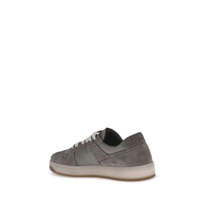 Prada Gray Calf Leather Bos Taurus Low Top Sneakers, view of suede sneakers with lace-up closure and flat sole for comfort and elegance.